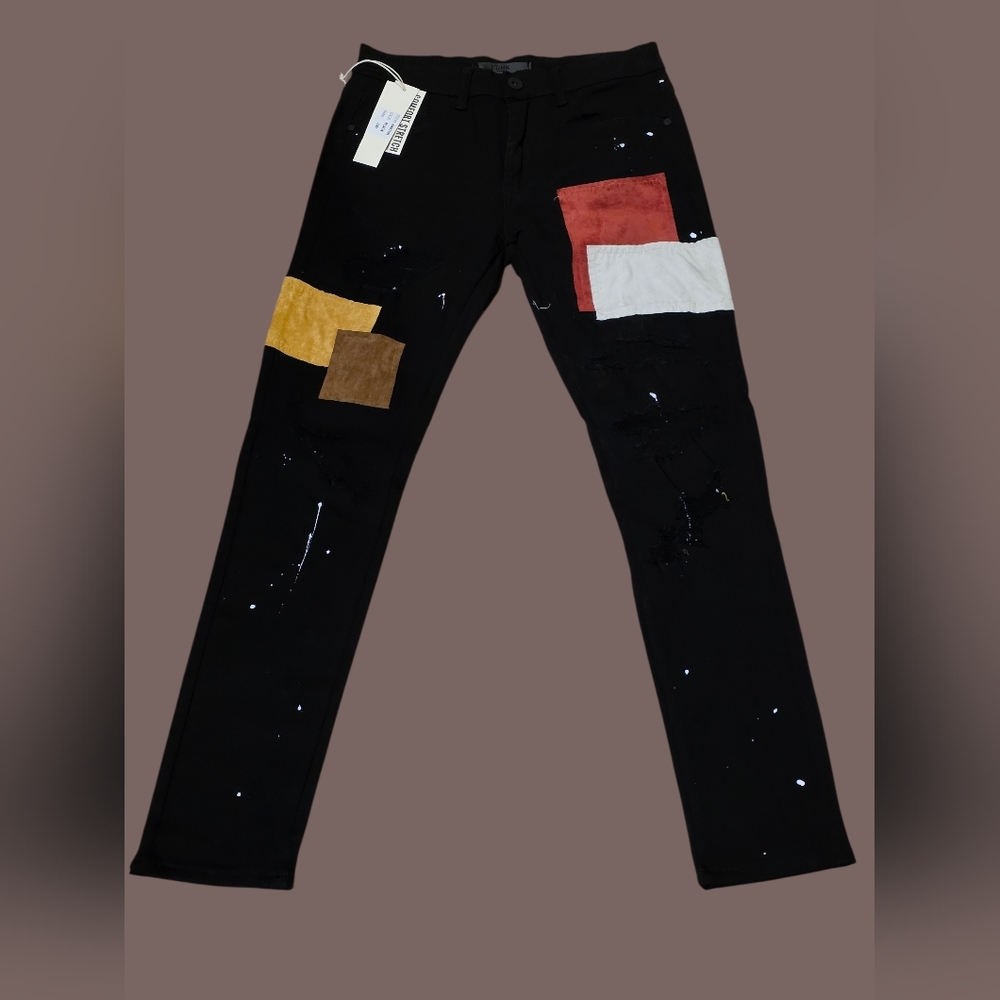 KDNK Suede Patched Jeans In Black. Size 34